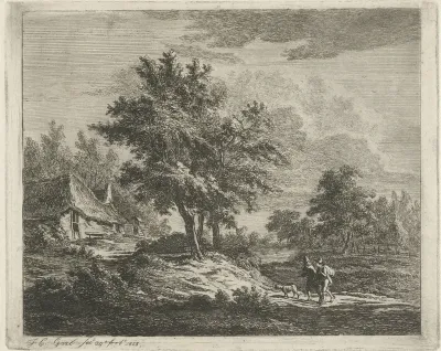 Landschap met wandelaars bij drie boomen