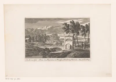 Landschap met wandelaars bij stenen brug