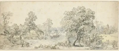 Landschap met wandelaars, een herder en veel andere figuren
