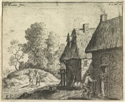 Landschap met wandelaars en boerderijen