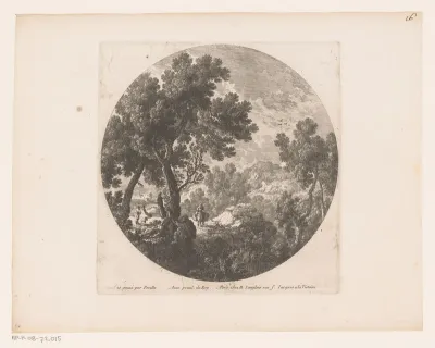 Landschap met wandelaars en figuur op lastdier