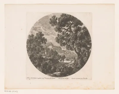 Landschap met wandelaars en herders met kudde