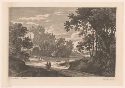 Landschap met wandelaars langs een rivier