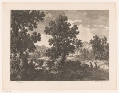 Landschap met wandelaars op landweg bij stad