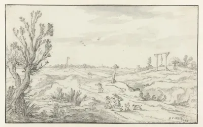 Landschap met wandelaars overvallen door een struikrover