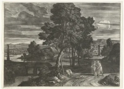 Landschap met wandelend paar