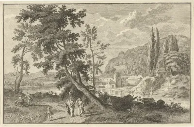 Landschap met wandelende figuren langs een rivier