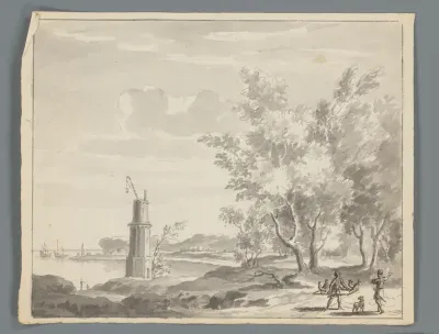 Landschap met water, een toren, twee figuren waarvan één een rek met vogels draagt en een hond