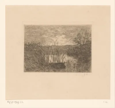 Landschap met water, riet en roeiboot