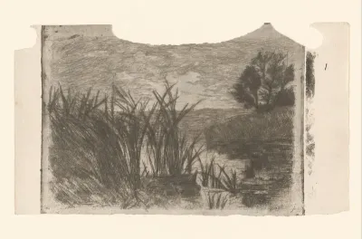 Landschap met water, riet en roeiboot