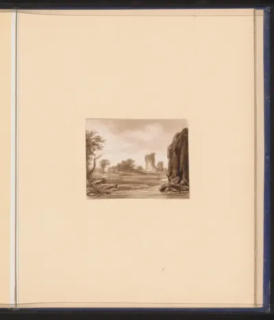 Landschap met water, rotsen en een ruïne