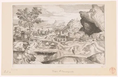 Landschap met waterdrager die naar een dorp terugkeert