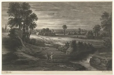 Landschap met waterloop en figuren