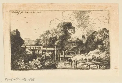 Landschap met watermolen aan de rivier