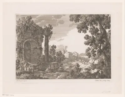 Landschap met watermolen en antieke bron