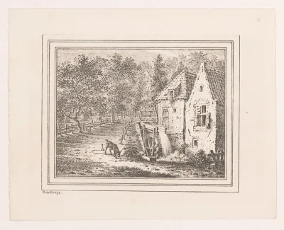 Landschap met watermolen en een grazende geit aan een touw