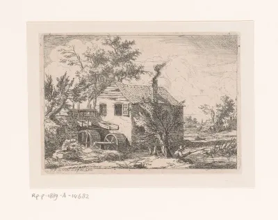Landschap met watermolen en een visser