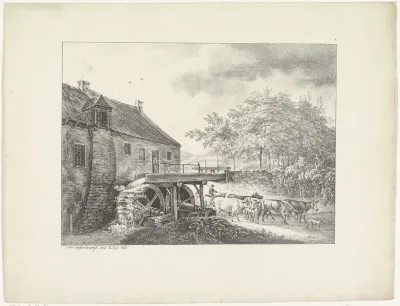 Landschap met watermolen en koeien