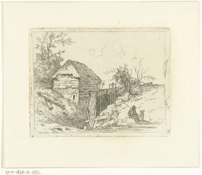Landschap met watermolen en man met hond