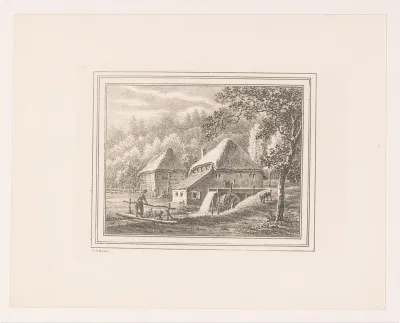 Landschap met watermolen en schuur