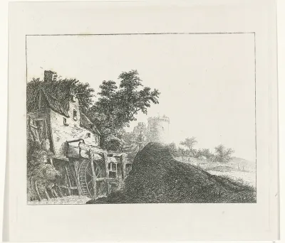 Landschap met watermolen en toren