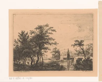 Landschap met watermolen en twee figuren tussen de bomen