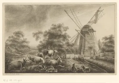 Landschap met watermolen en vee