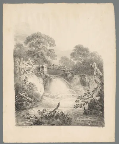 Landschap met watermolen en waterval