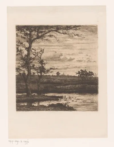 Landschap met waterpartij en bomen, een dorp op de achtergrond