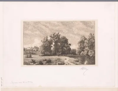 Landschap met waterplas en een dorp op de achtergrond