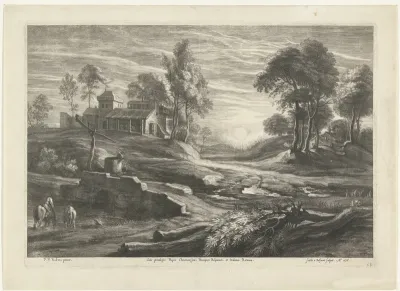 Landschap met waterput en zon