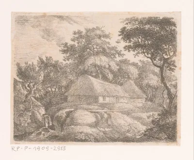 Landschap met waterval en boerderij