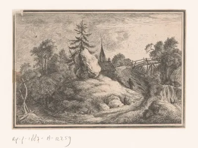 Landschap met waterval en een kerk