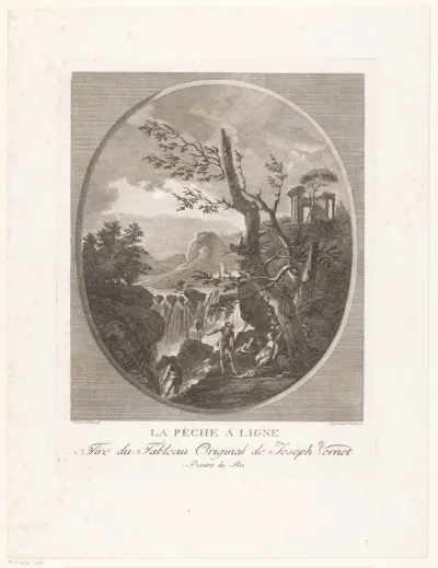 Landschap met waterval en een ruïne