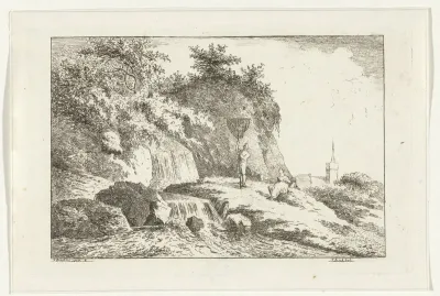 Landschap met waterval en kerk