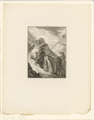 Landschap met waterval en reizigers