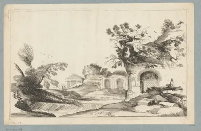 Landschap met waterval en ruïnes