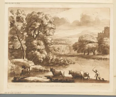 Landschap met waterval en vijf ossen en herder die een rivier oversteken