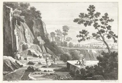 Landschap met waterval en vissers en andere figuren