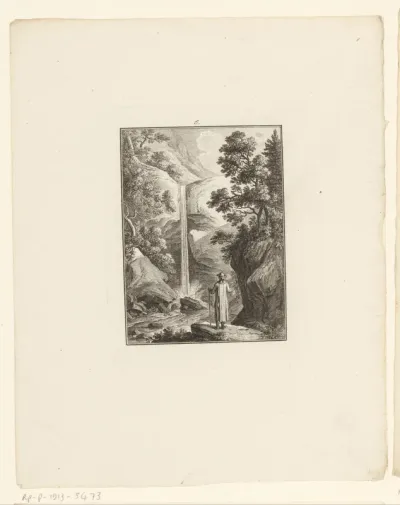 Landschap met waterval en wandelaar