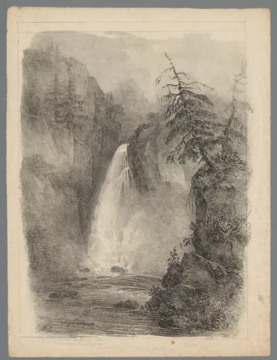 Landschap met waterval nabij het huis van Rousseau