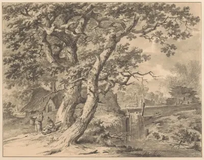 Landschap met watervalletje onder twee grote bomen
