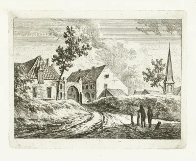 Landschap met weg naar poort van dorp