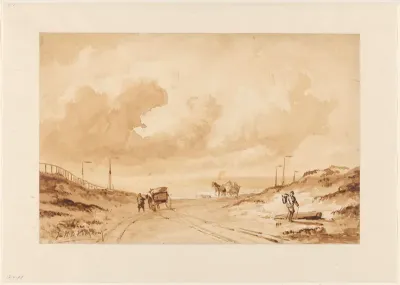 Landschap met weg tussen duinen naar zee