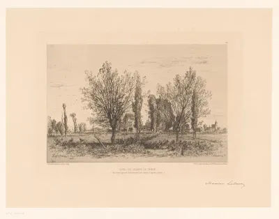 Landschap met weide en zicht op een stad