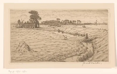 Landschap met weiland, boerderij en water