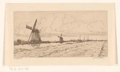 Landschap met weiland, kanaal en molens