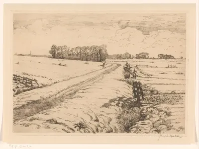 Landschap met weilanden, boerderijen en landweg