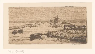 Landschap met weilanden, vaart en molens
