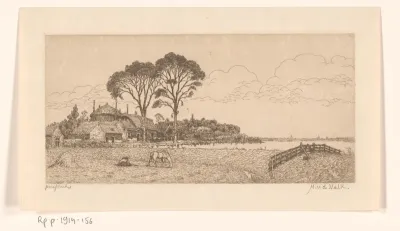 Landschap met weilanden, water en boerderij